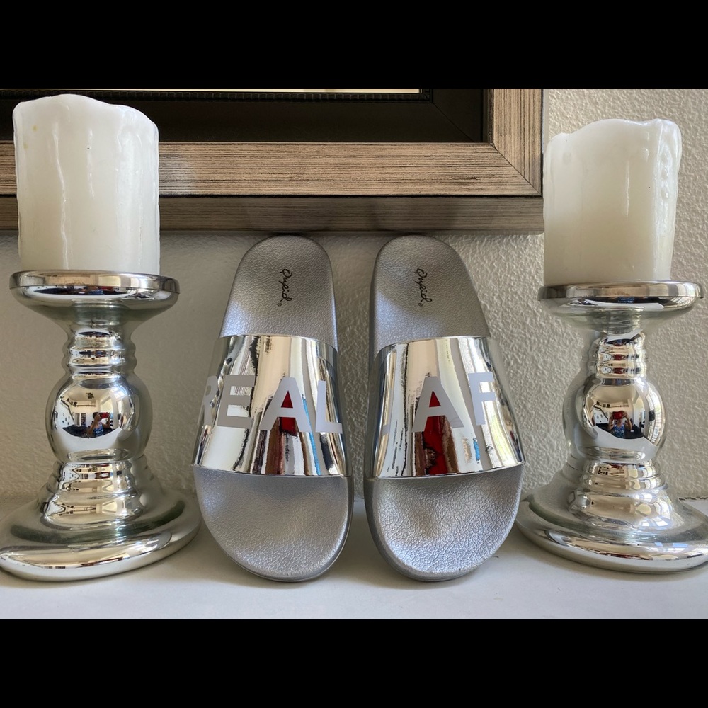 Shiny silver slide sandal